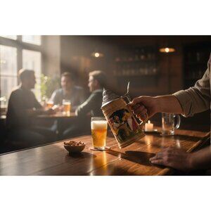 Vintage German Beer Stein With Pewter Lid Hand-Painted Ceramic 7.5" Tall Traditi